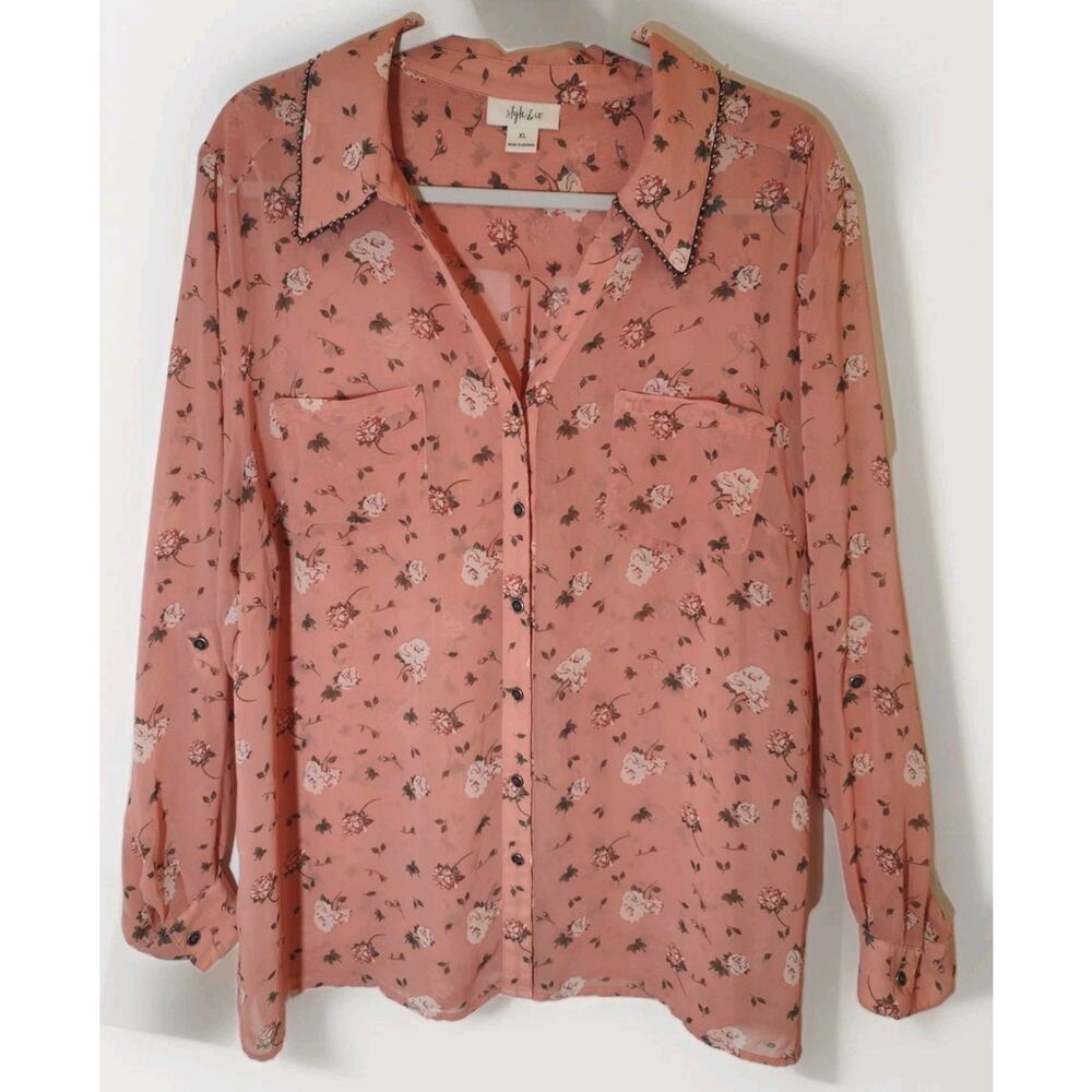 Style & Co. Peach Floral Blouse XL Vintage Inspired cottage Romantic Western
